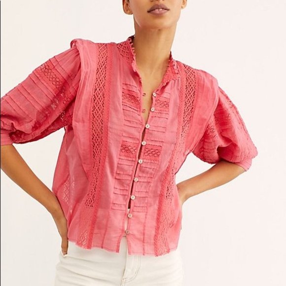 FP One Free People Rosalind Pink Coral Crochet Cotton Top Small - Picture 1 of 13